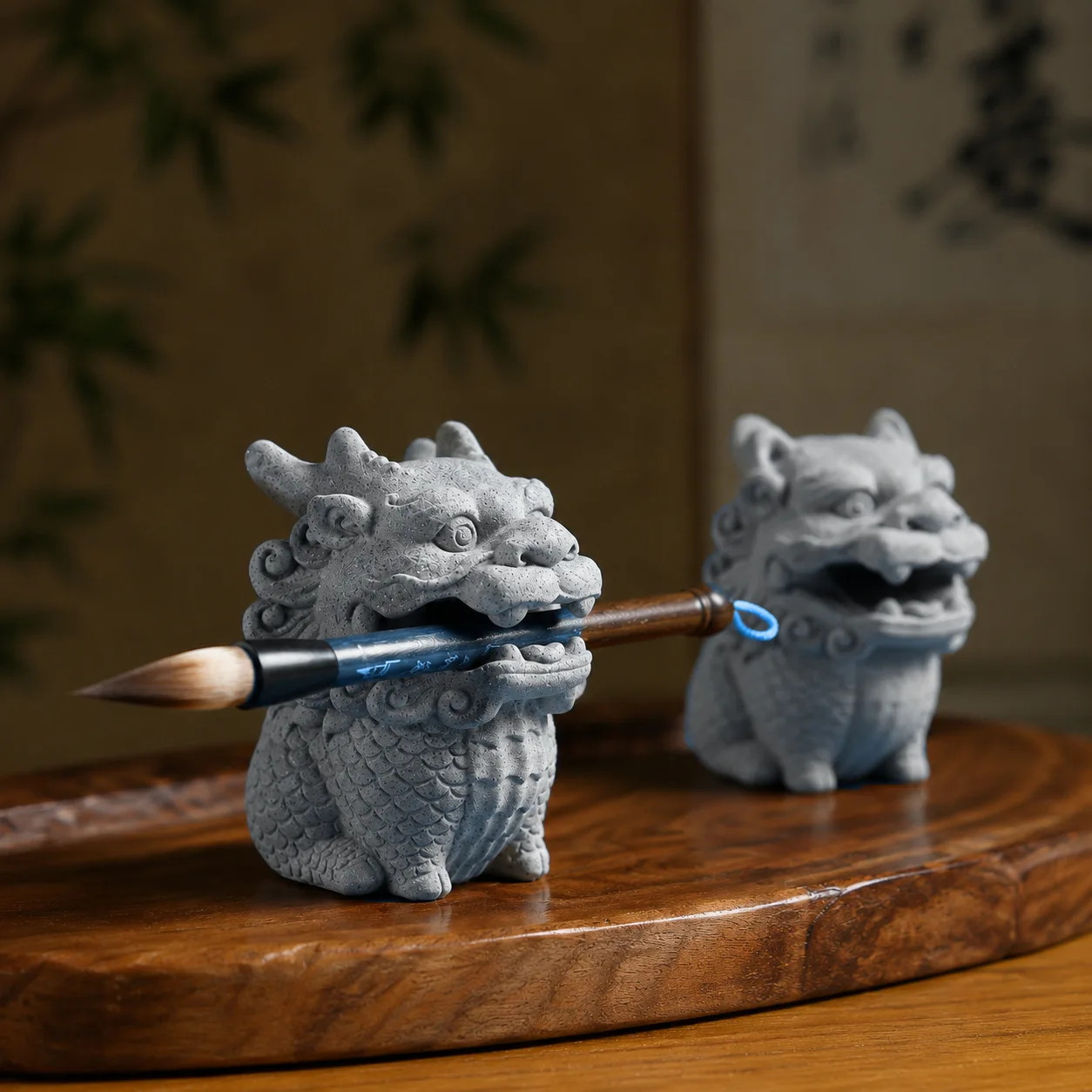 Chinese Style Qilin Beast Pen Holder 3D‑Printed  Stone‑Texture Figurine Brush Stand Desktop Office Desk Decor Gift