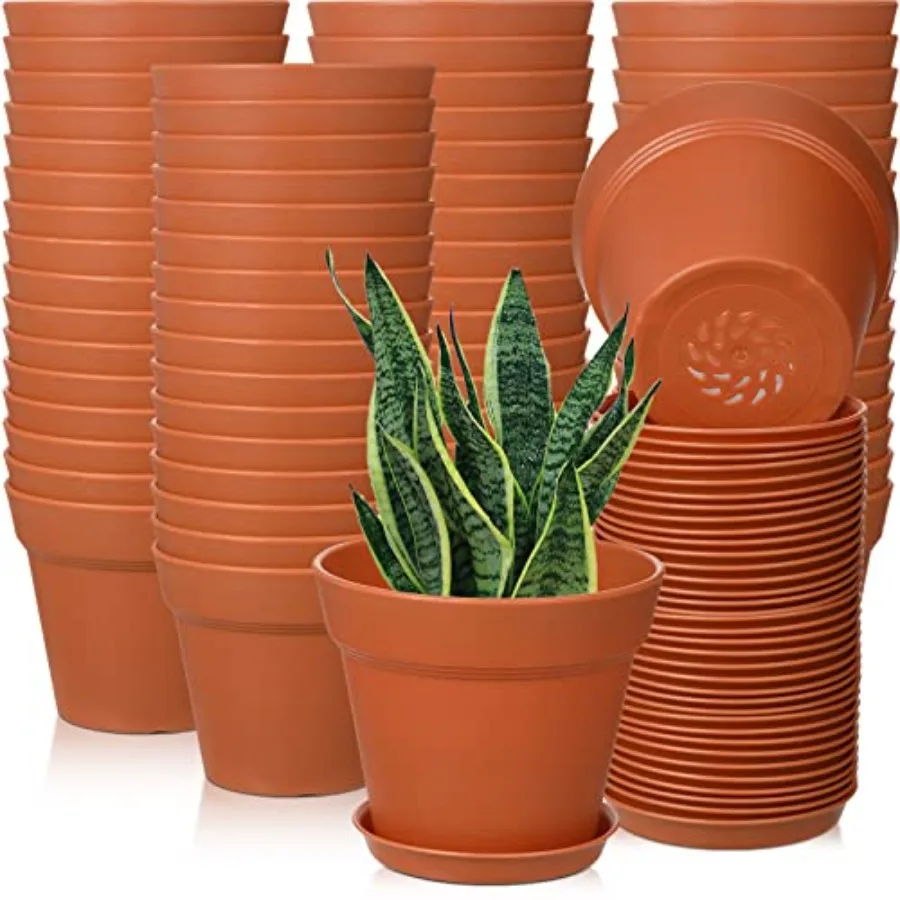 

Набор из 54 маленьких пластиковых горшков для растений (4 дюйма) с дренажными отверстиями и поддонами для цветов, суккулентов и кактусов