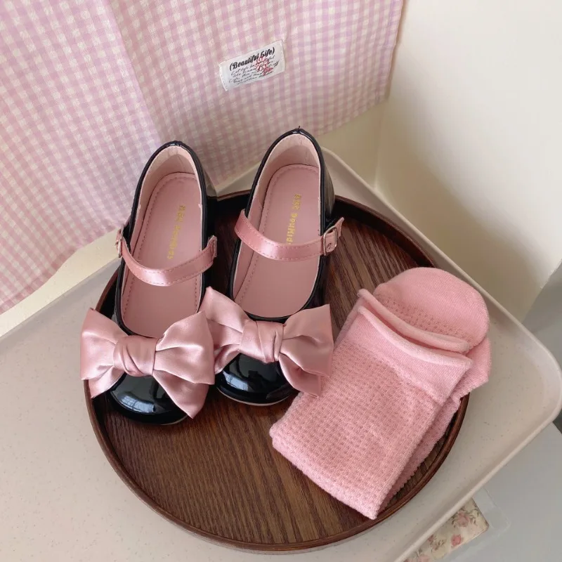 New Style Children\'s Flats Baby Girls Bow-knot Dresses Shoes Princess Girl Wedding and Party Shoes Kid Cute Leather Single Shoes