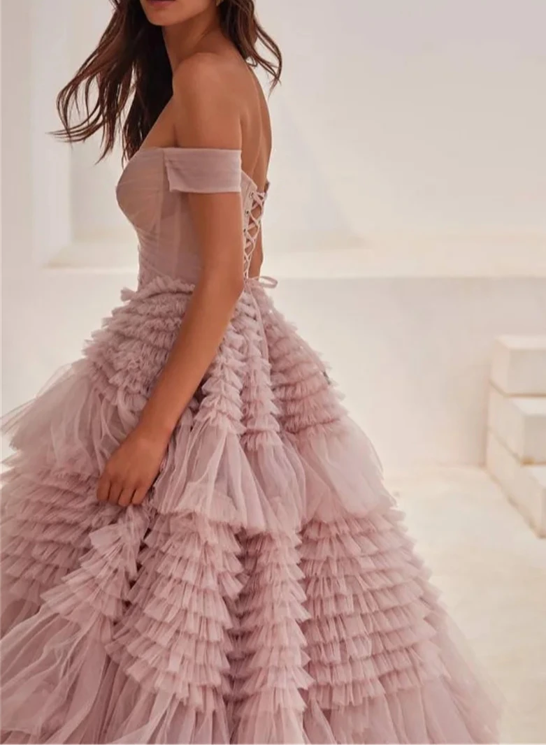 Off Shoulder Tulle Evening Dresses Multilayer Mesh Sleeveless Ball Dress Exquisite High Quality Prom Party Gown Women Customized