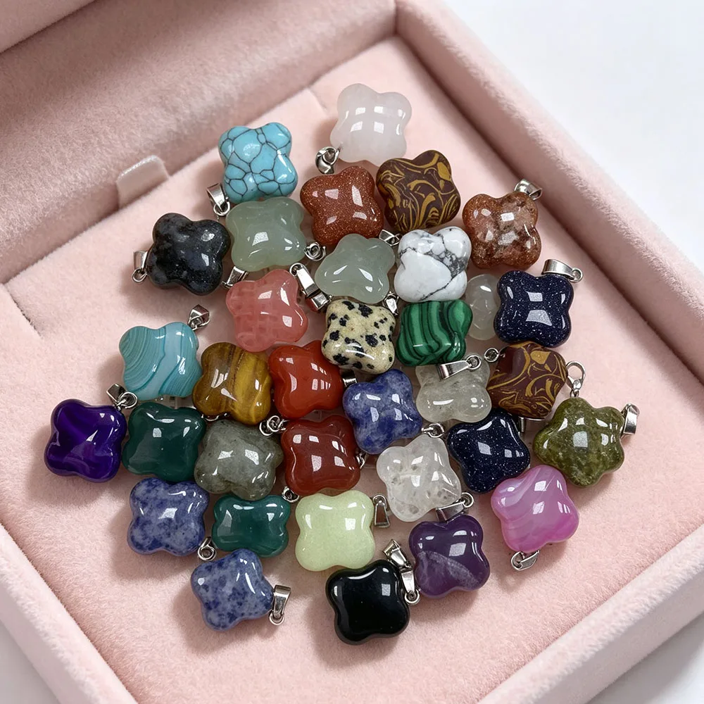 Fashionable Exquisite Natural Stone Crystal Striped Agate Polished Plant Four-leaf Clover Shaped Single Hole Pendant DIY Jewelry