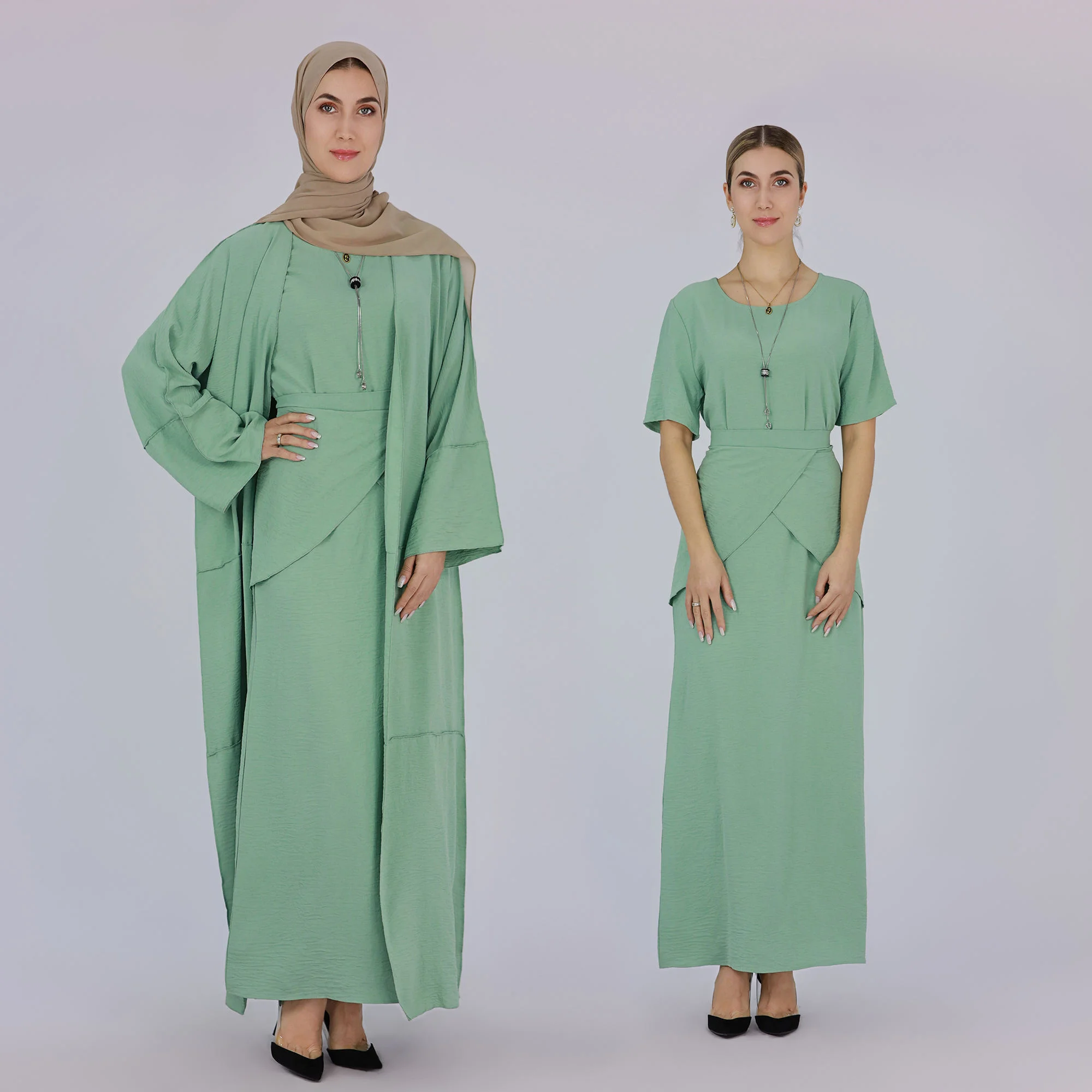 

3 Piece Set Muslim Women Open Abaya Modest Outfits Kimono Cardigan Dress Wrap Skirt Suit Dubai Kaftan Turkish Islamic Robe Gown