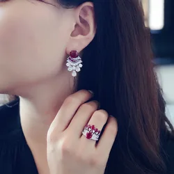 Foydjew Luxury Designer Jewelry Vintage Crown Design Ruby Red Crystal Rings Stud Earrings Banquet Party Jewelry Sets For Women