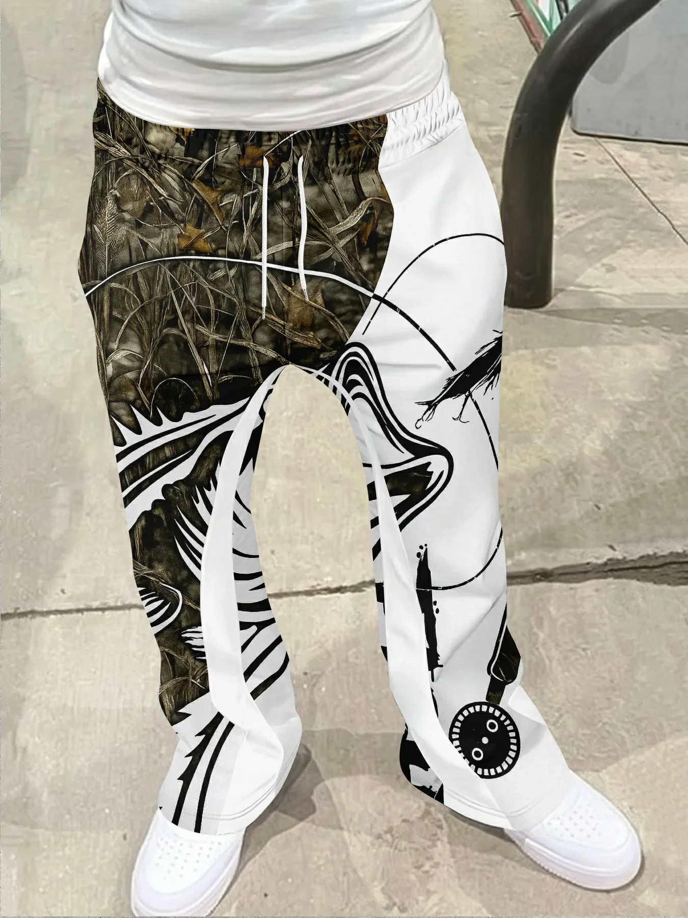Unisex Vintage Camo Fishing Bass Fish Print Flare Sweatpants Casual Outdoor Camping Hiking Daily Streetwear for Adult Men Women