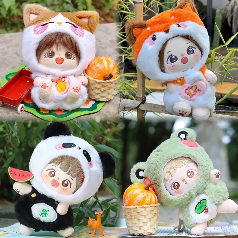 20cm Cotton Doll Lovely Fox/Frog/Panda/Cat Two Piece Set Plush Dolls Clothes Fashion Hoods And Suspenders Decoration Accessories