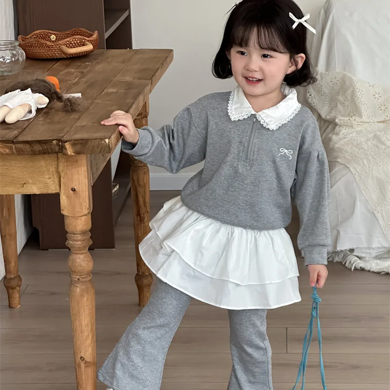 

2025 Spring and Autumn New Children Clothing Girls Lace Turn-down Collar Hoodie Flared Pant Two Piece Set