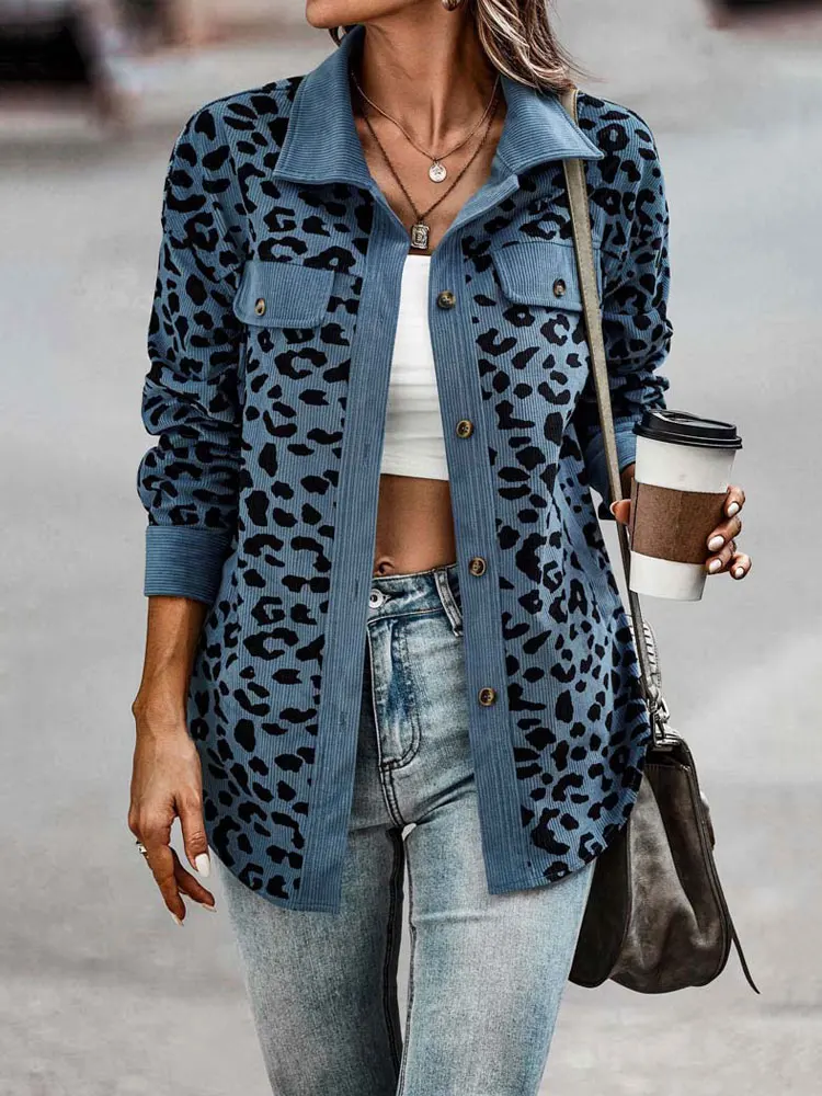 2022 Autumn Leopard Jacket Women Corduroy Jacket Coat Women Overshirt Long Sleeve Winter Loose Shirt Jackets for Women