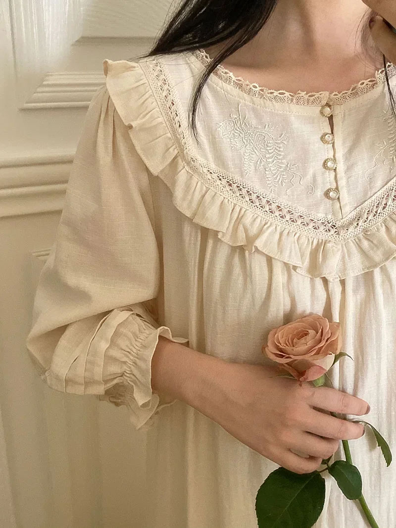 Women Victorian Sleepwear Pure Cotton Vintage Nightgowns Robe Ruffles Nightie Long Night Dress Romantic Princess Nightdress