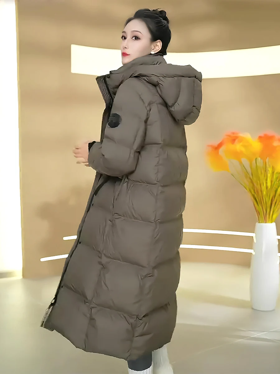 패셔너블 캐주얼 고급 화이트 다운 재킷 여성용 트렌디 후드 스탠드 칼라 롱 코트 2025년 겨울 신상품