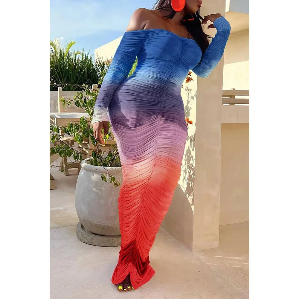 Plus Size mehrfarbige Party geraffte Slim Fit von der Schulter elegante Langarm Plissee Maxi kleider