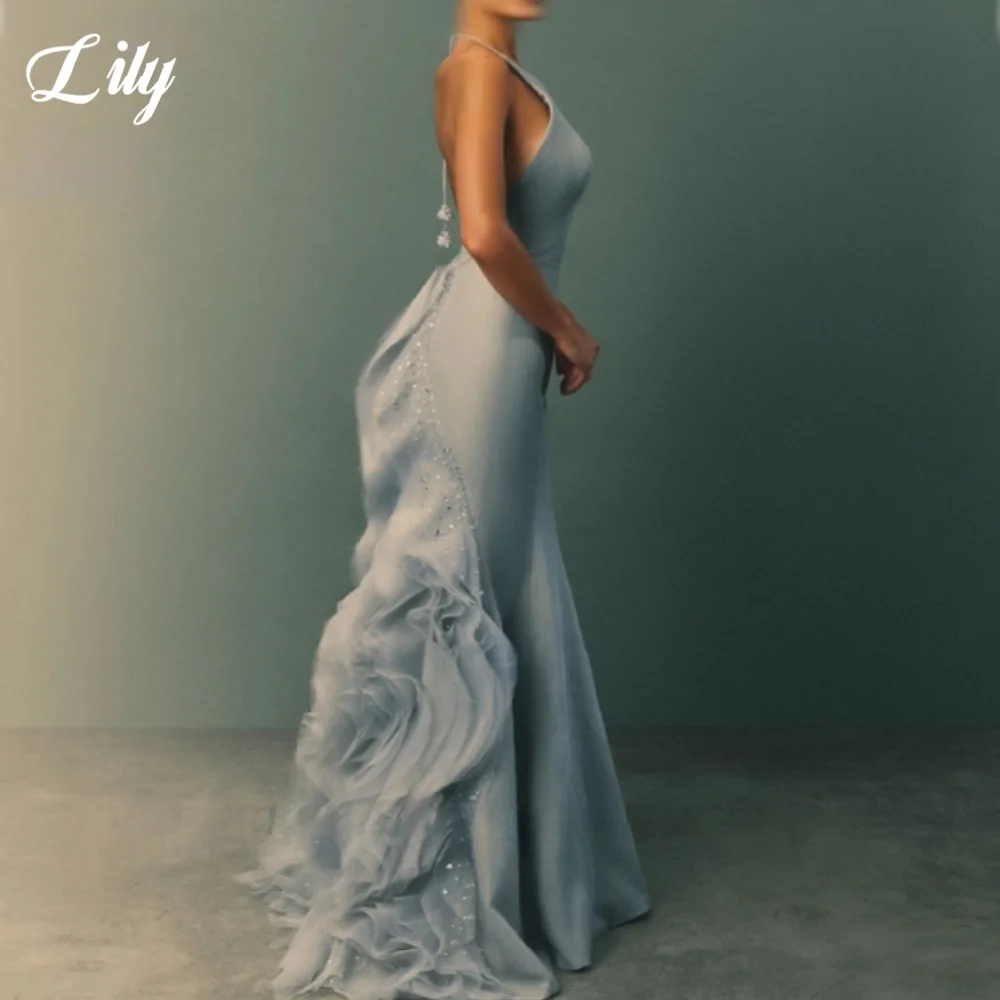 Lily Elegant Charming Sweep Train Prom Gown Sleeveless Halter Ruffles Party Evening Dresses Lace up Back Prom Dresses Customized image 3