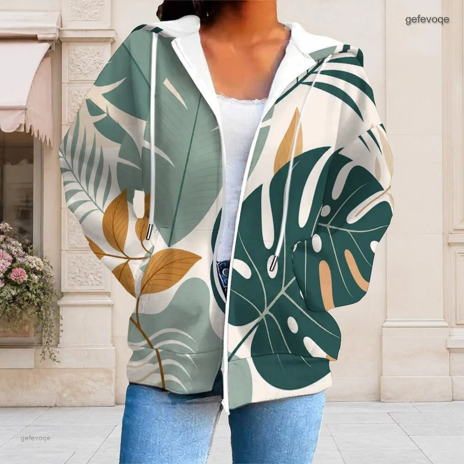 Women Tropical Leaf Printed Full Zip Hoodie Long Sleeve Drawstring Hood with Pockets