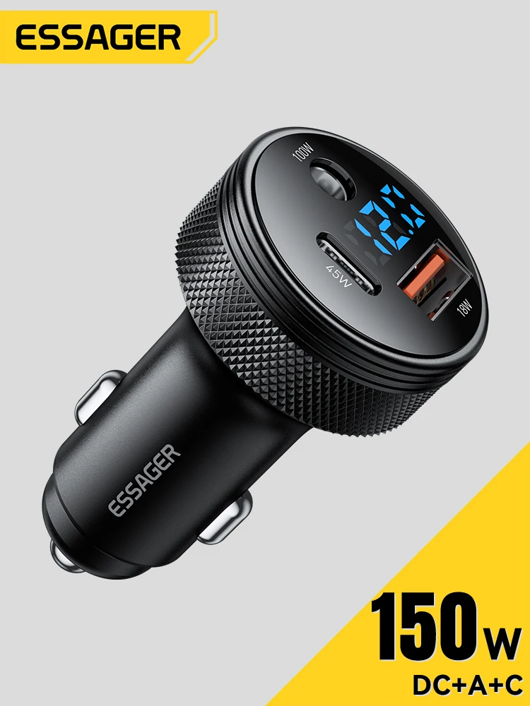 Ładowarka samochodowa Essager 150W USB do Xiaomi iPhone Samsung Laptopy Tablety PD 3.0 Szybkie Ładowanie USB Typ C Cyfrowy Wyświetlacz Ładowarka Samochodowa — zdjęcie produktu 7