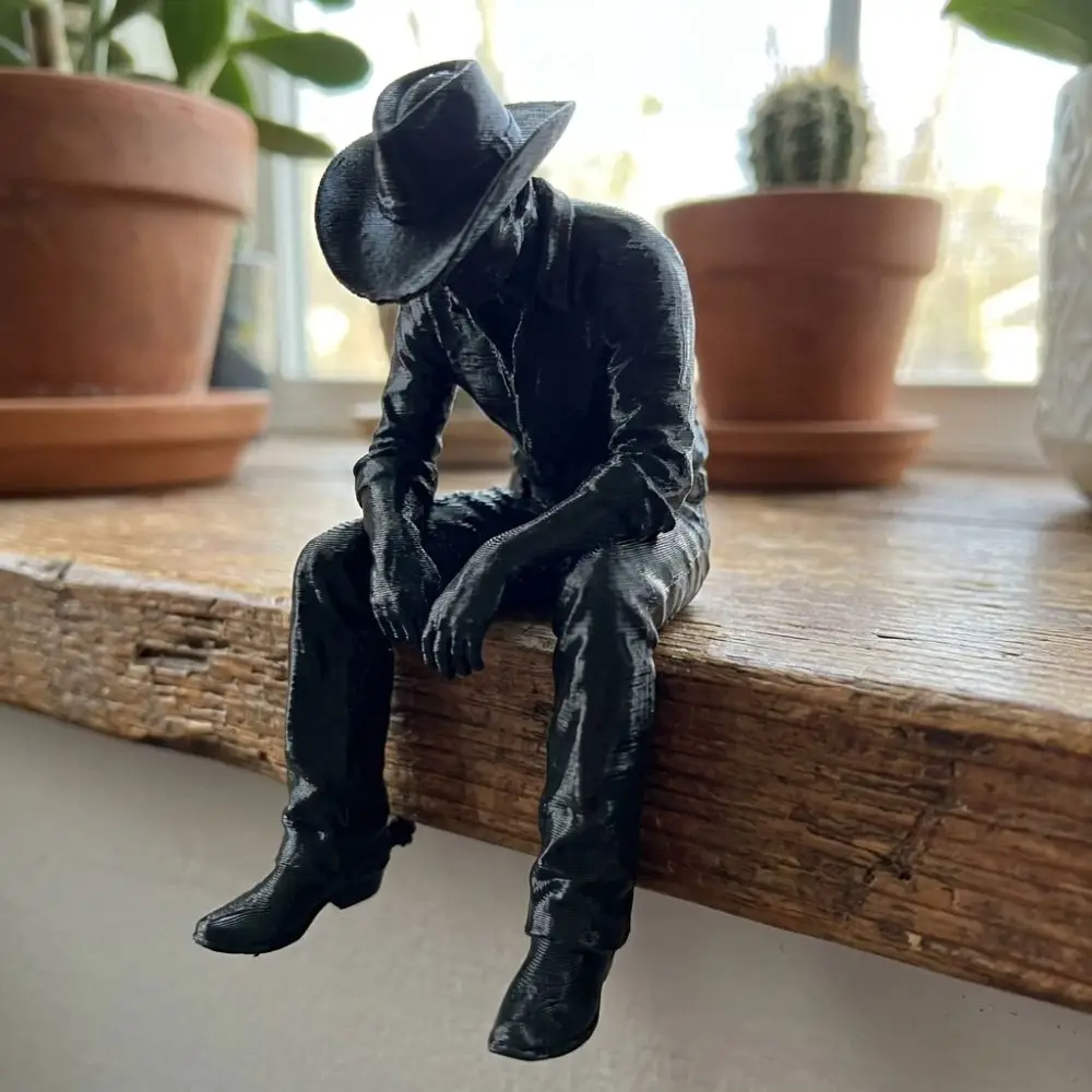 Western Style Sad Sitting Cowboy Sculpture 3D Printed Pensive Cowboy Figurine Ornament Lonely Vintage Melancholy Cowboy Figurine