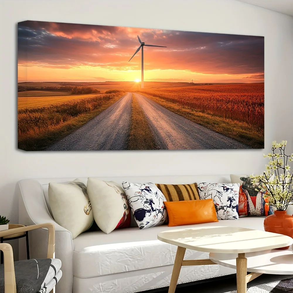 

1.5 inch thick pine frame, sunrise wind turbine road, sky poster decorative painting, canvas wall art, interior decoration