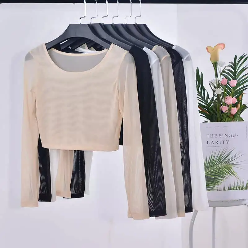 Spring Summer Women's Long Sleeve Short Mesh Base Shirt round Neck Half Belly  Slim Fit T-Shirt City Walk Casual Wear
