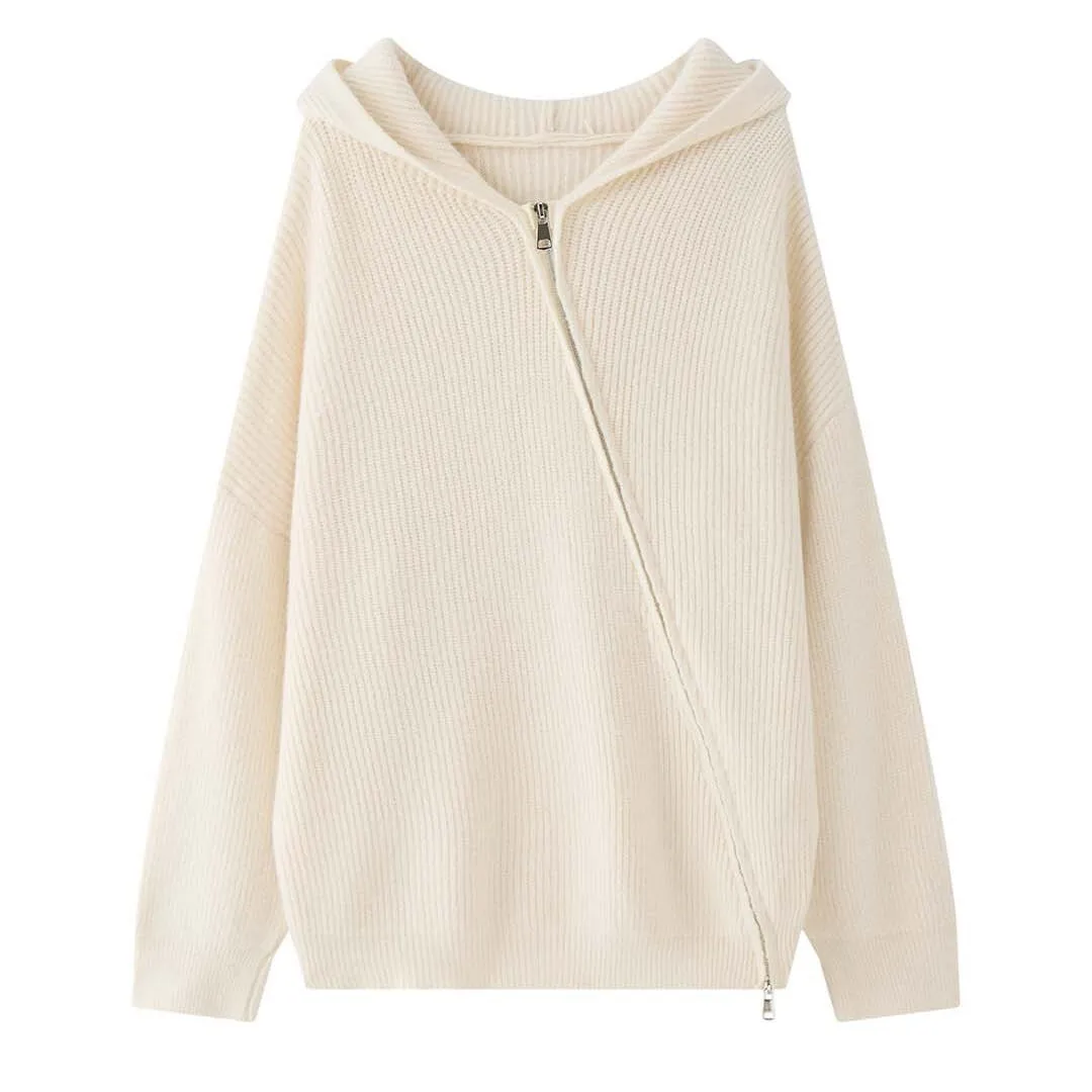 سترة LIMO النسائية المحبوكة من الأكريليك مع قلنسوة وسحاب معطف كاجوال دافئ طويل سترة لخريف وشتاء ملابس الشارع اليومية