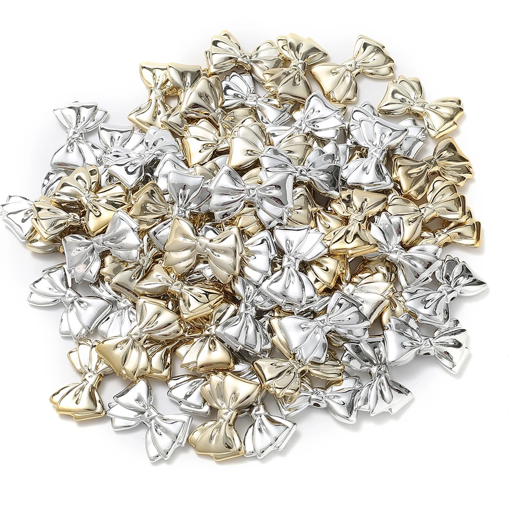 10Pcs 28x38mm Gold Silver Color Bow Bead Plastic CCB Spacer Beads For Craft Accessories DIY Necklace Bracelet Jewelry Making