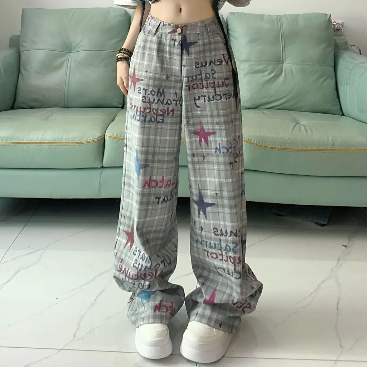 Pantalones informales con estampado de estrellas y grafiti para mujer, pantalón de pierna ancha y cintura alta, estilo Retro, primavera y verano, 2024