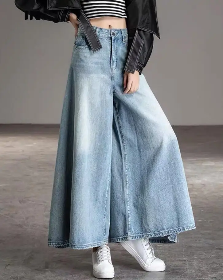 Cintura alta perna larga calças femininas grande bainha bota corte jeans lavado solto calças retas denim culottes