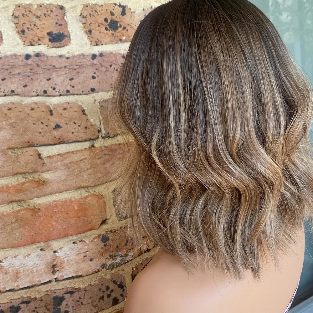 200 الكثافة تسليط الضوء على شقراء جزء مجاني قصير BobLong غلويليس موجة الدانتيل 5x5 قاعدة الحرير باروكة من شعر طبيعي للنساء BabyHair preplucked