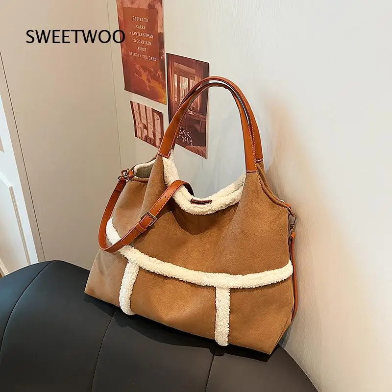 Brown Suede Fleece Patchwork Crossbody Bag Women Winter Plush Trim Large Capacity Hobo Shoulder Handbag