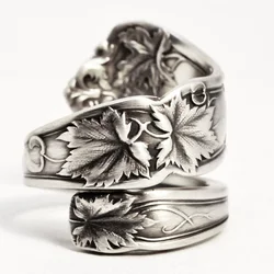 Vintage Silver Color Plated Irregular Ring Maple Leaf Engraved Spiral Rings for Men Women Punk Gothic Party Fashion Jewelry