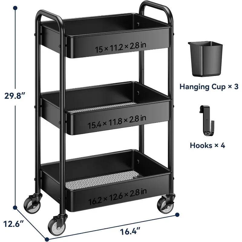 3-х уровневая тележка на колесиках — металлическая универсальная тележка с колесами, подвесными чашками, крючками, прочный сетчатый органайзер для тележки на колесиках,