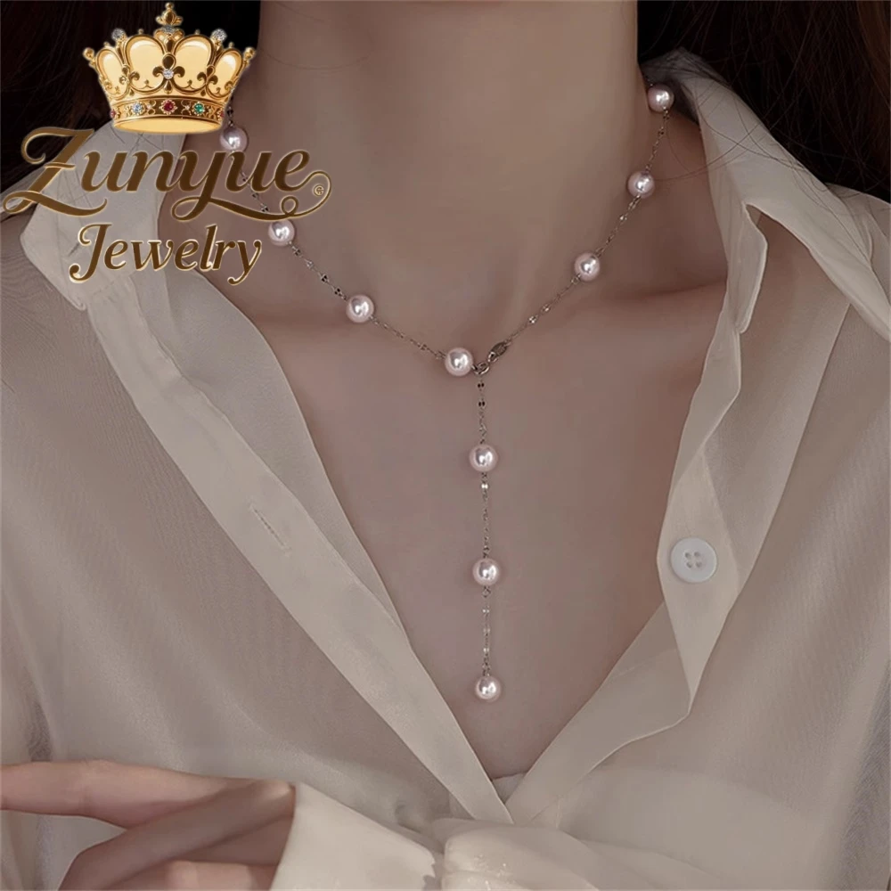 S925 Silver Starry Sky Rose Purple Pearl Necklace, A Light Luxury Collarbone Chain Elegant Neckchain Accessory Charms Exquisite