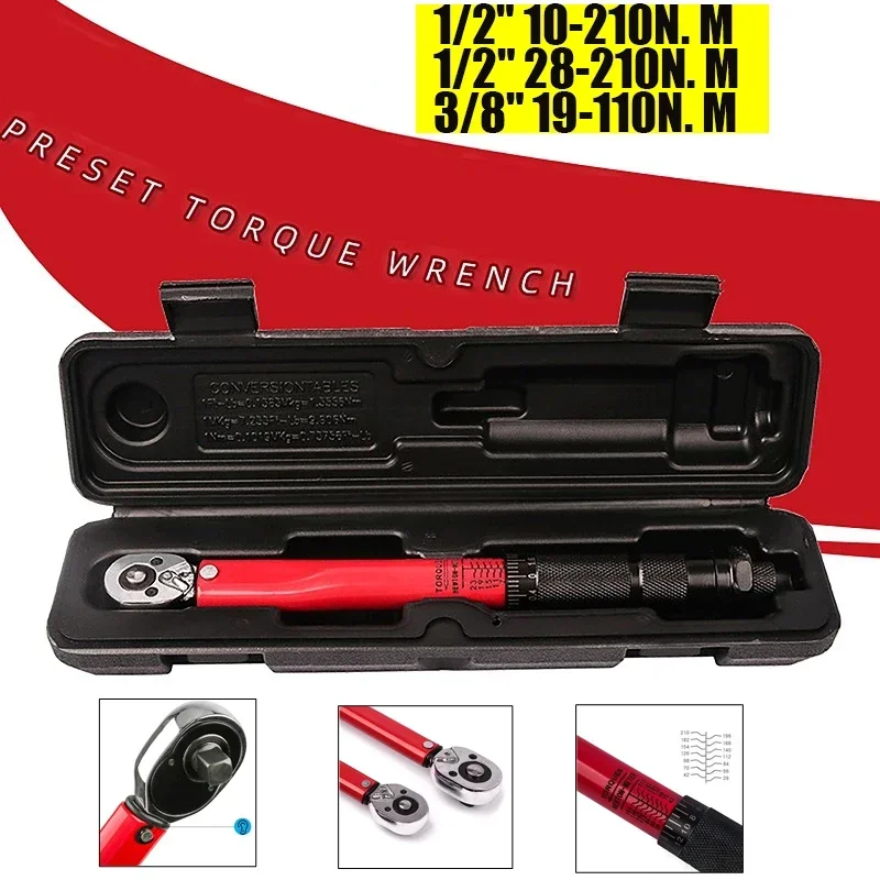 

1/2 3/8 10-210N.m Torque Wrench Precise Reversible Ratchet Torques Key Professional Bicycle Motorcycle Car Automotive Tool