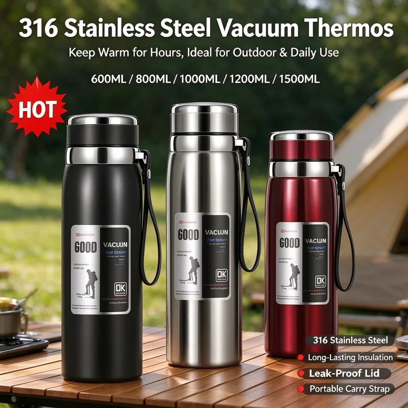Stainless Steel Thermos Bottle 800ml 1000ml, Vacuum Insulated Thermal Flask, Portable Hot Cold Water Tea Coffee Bottle