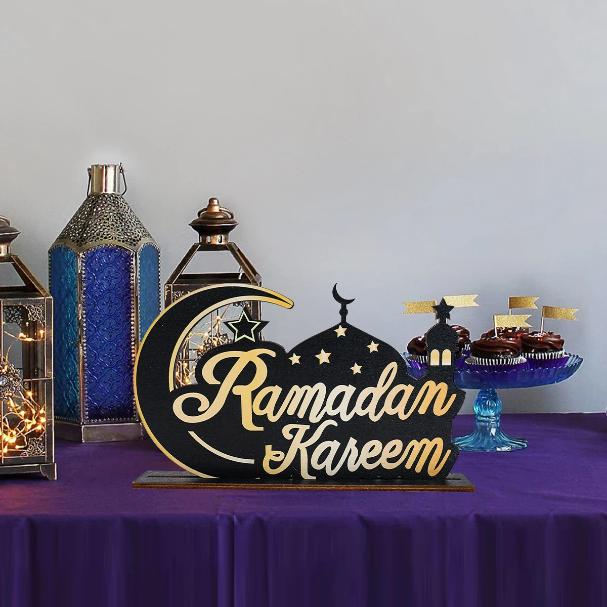 Eid Mubarak Wooden Ornament Ramadan Moon Star Letter Table Decoration for Home Islamic Muslim Pendant Eid Al Adha Party Supplies