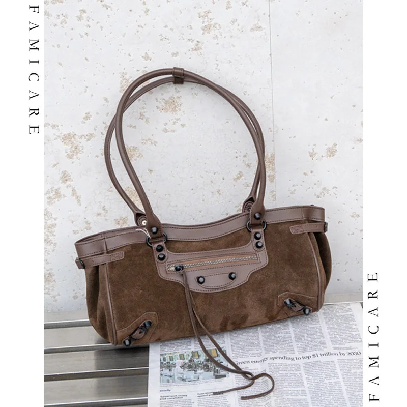 

Edgy Studded Top-Handle Bag for Lady Fashion Genuine Leather Biker Handbags Vintage Style Women Shoulder Bags Solid Color New