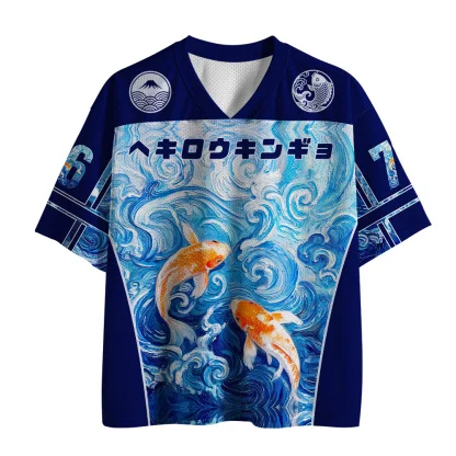 T-shirt à manches courtes en jersey à col en V et en maille, avec motif japonais représentant des poissons koi et des vagues, motif animal marin de style Ukiyo-e, haut décontracté et ample.