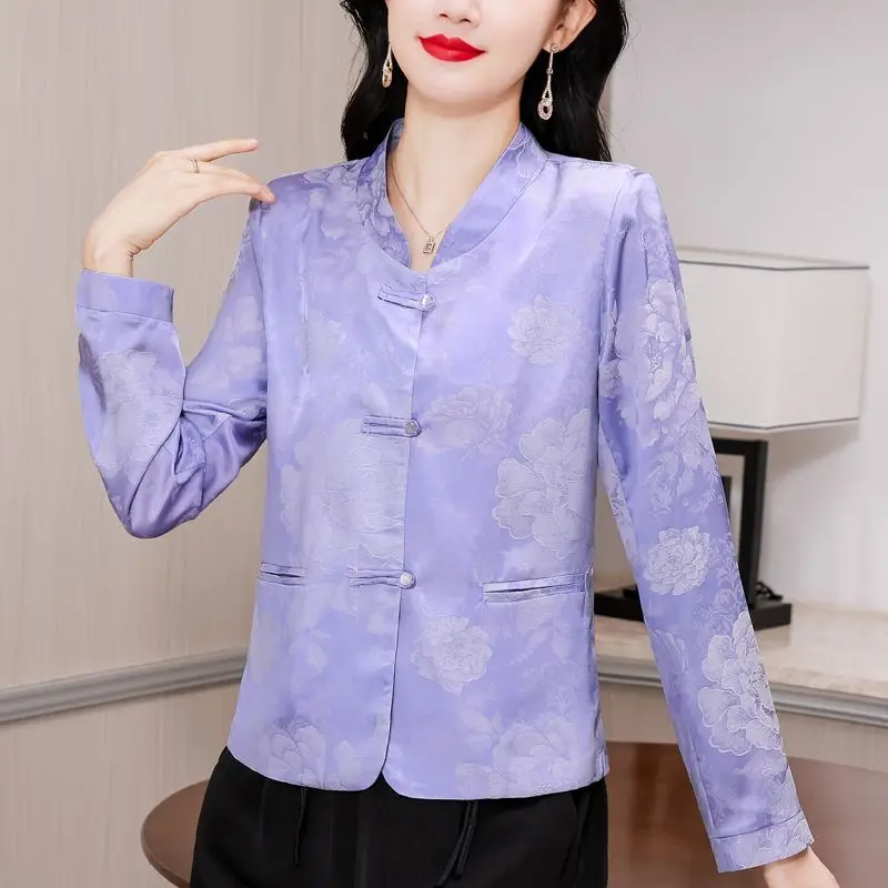 

New Chinoiserie Cardigan Coat Women 2026 Spring Autumn Mother Jacket Feminine Jacquard Stand Collar Overwear Female Overcoat Top