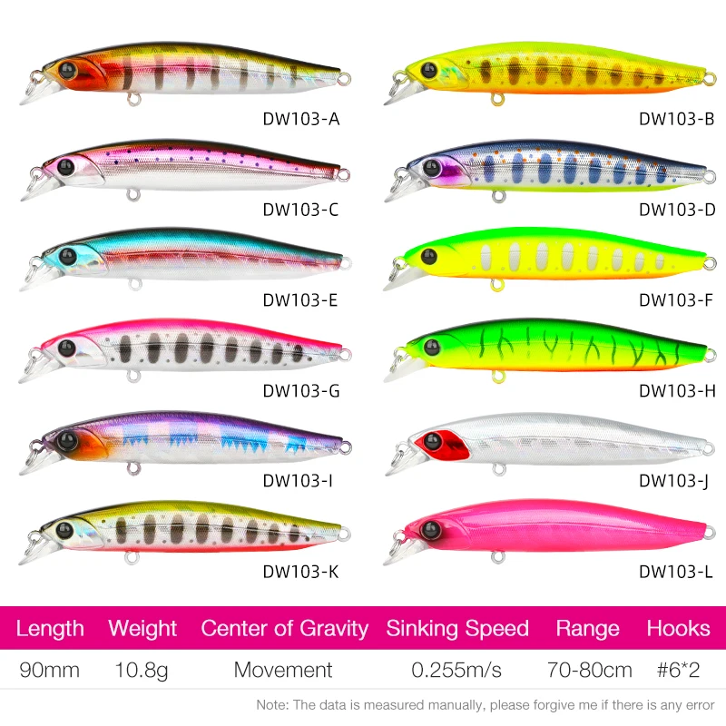 TSURINOYA 90SS Slow Sinking Fishing Lure DW103 90mm 1.8g Shallow Range Long Casting Bass Game Minnow Lure Plastic Fake Hard Bait