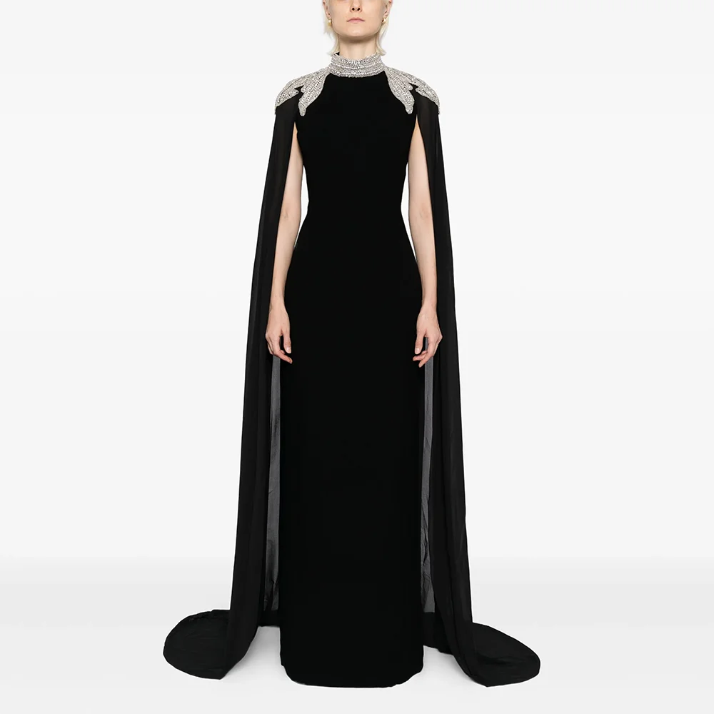 맞춤형 블랙 하이 칼라 이브닝 드레스 우아한 공식 행사 프롬 가운 크리스탈 긴 소매 바닥 길이 프롬 드레스