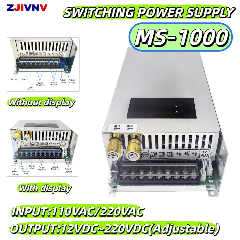 

1000W Adjustable Switching Power Supply without&with LED Digital Display AC 110V/220V to DC 12~220V Industrial SMPS MS-1000