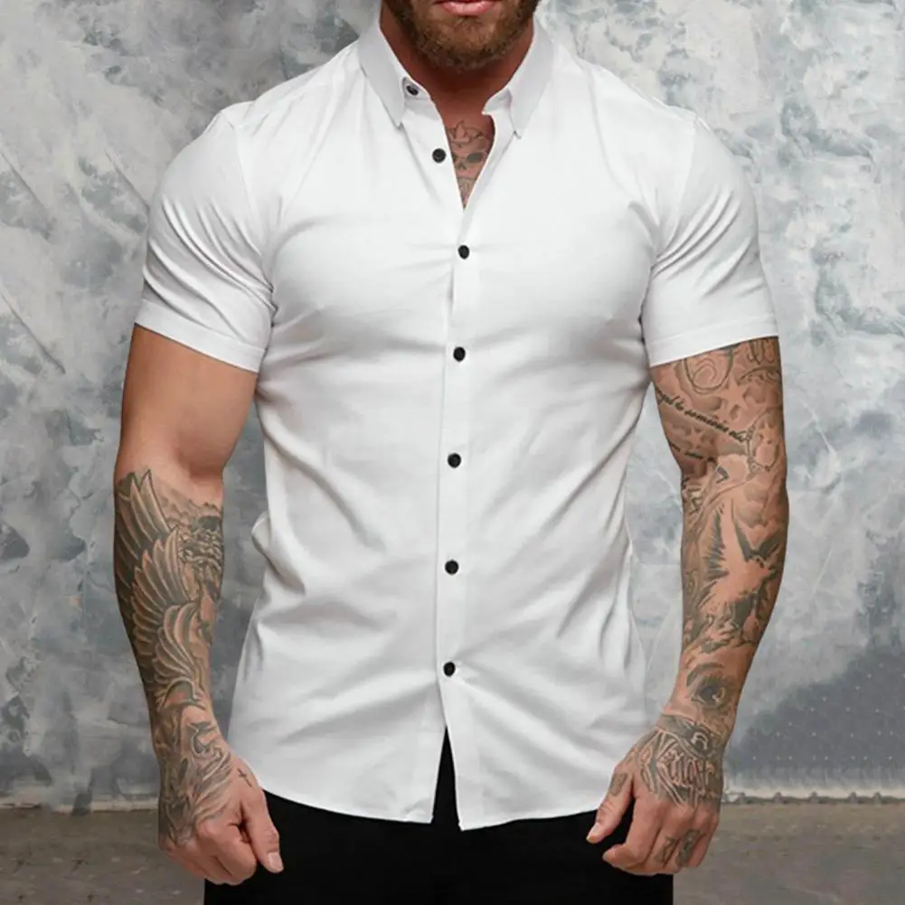 Summer Fashion Short Sleeve Shirt Men Solid Super Slim Fit Male Social Business Dress Shirt Brand Men Gym Fitness Sport Clothing