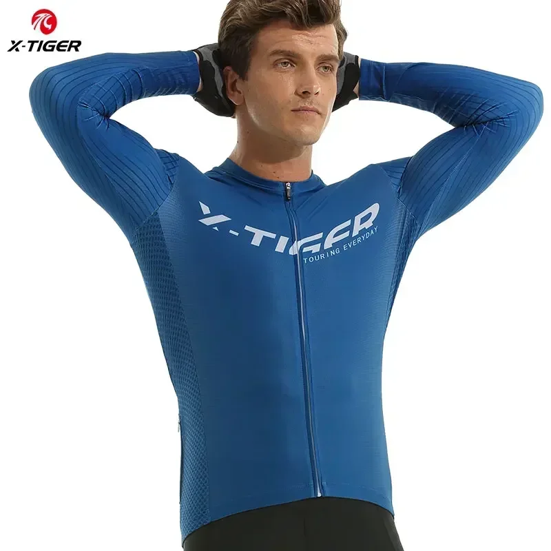 X-TIGER Herren-Radtrikot, langärmelig, durchgehender Reißverschluss, atmungsaktiv, schnelltrocknend, MTB-Rennrad-Oberteil mit Taschen, weich, leicht, elastisch – Detail 3