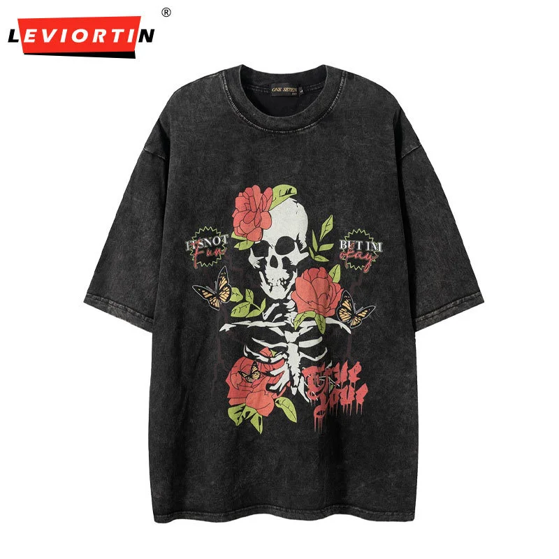 

2024 Oversized Men T Shirt Flower Skull Graphic Black Tshirts Vintage Washed Hip Hop Male Tees Summer High Street Streetwear Top