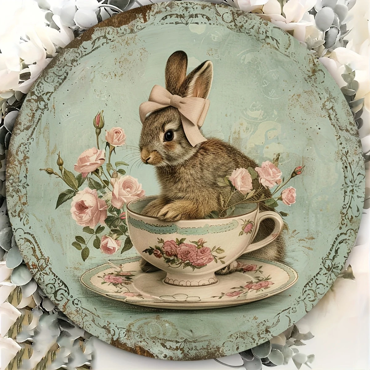 Country style wooden wreath wall decoration with rabbit pattern-