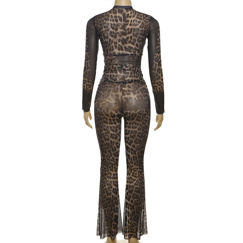 2024 Autumn Leopard Print Mesh 2 Two Piece Set O-neck Long Sleeve Tops + Slim Flare Pants Fashion Streetwear Suits Clubwear