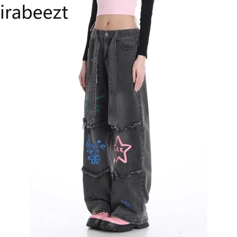 Ladies Jeans Streetwear Colorful Fun Printed Waist Cord Decoration Raw Edge Washed Gray Straight Wide Leg Pants Women\'s Clothing