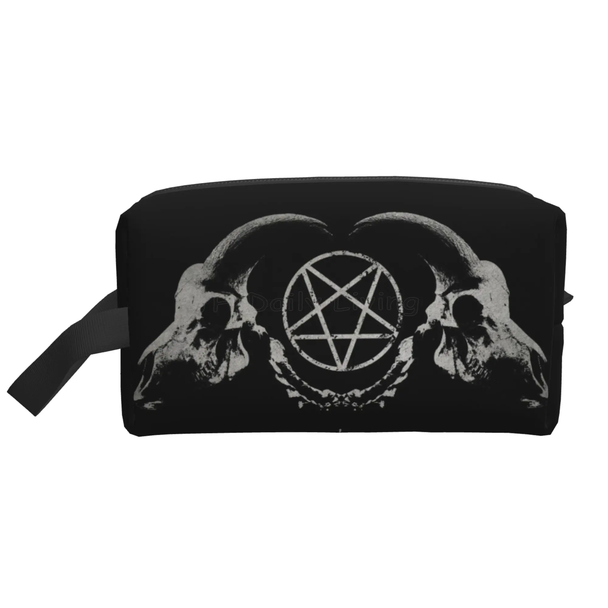 Gothic Occult Satan Penta Symbol Skull Storage Bag Portable Large Capacity Travel Toiletry Cosmetic Bag Makeup Organizer