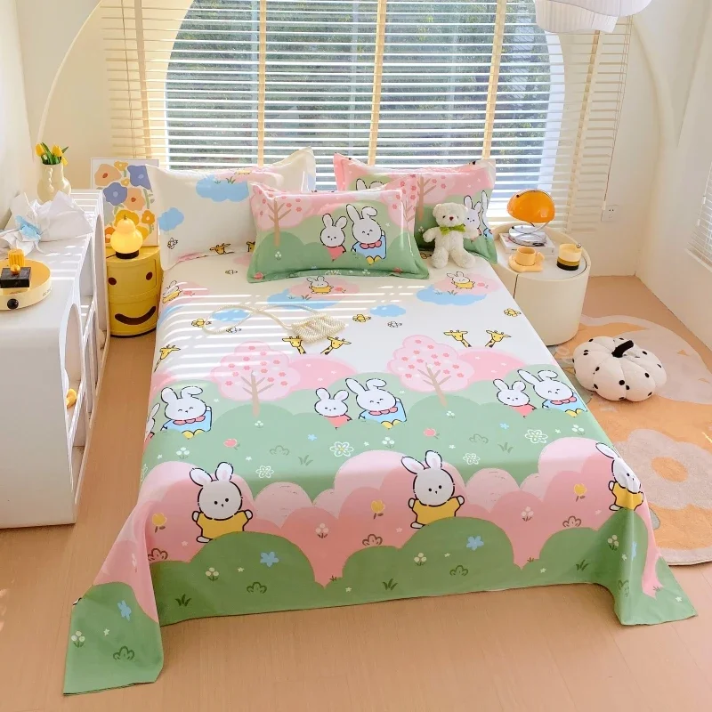 Lenzuolo piatto coniglio cartone animato Kawaii Bunny lenzuola botaniche animali dei cartoni animati lenzuola camera dei bambini copriletto pianta floreale carino