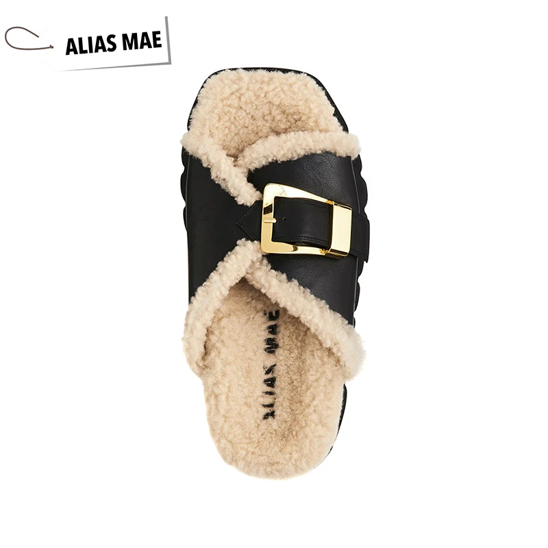 ALIAS MAE 2024 Autumn/Winter New Product Leather Plush Lining Flat Bottom Women's Home Indoor Comfortable Slippers