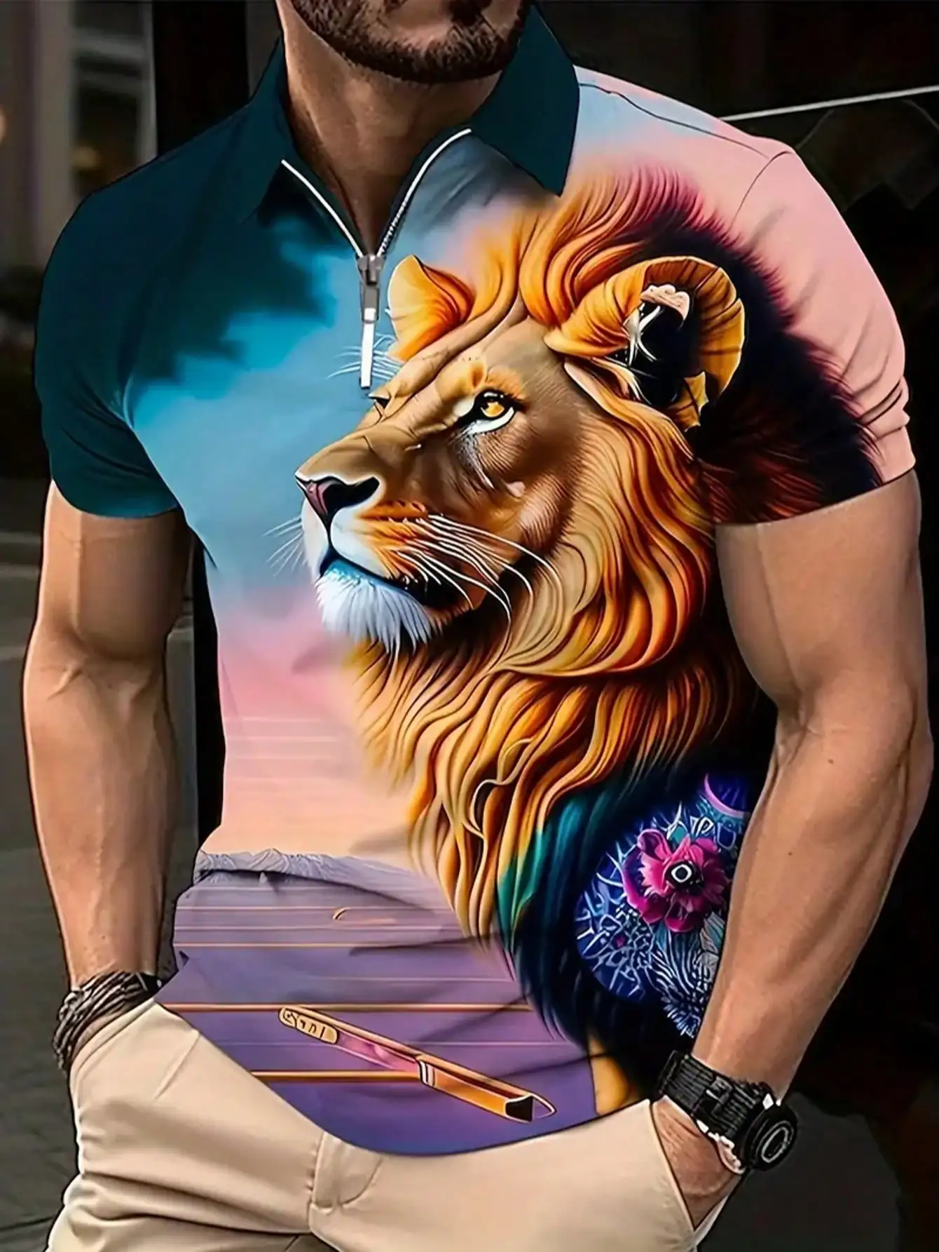 

Men's 3D Print Lion Graphic Polo Shirt - Casual Short Sleeve with Zip Collar
