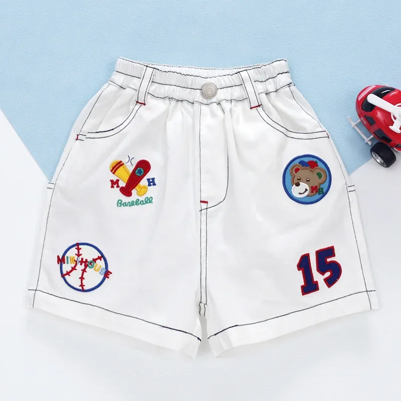 2023 Boys Cute Shorts Summer New Cartoon Bear Grandpa Plane Badge Baseball Embroidered Shorts