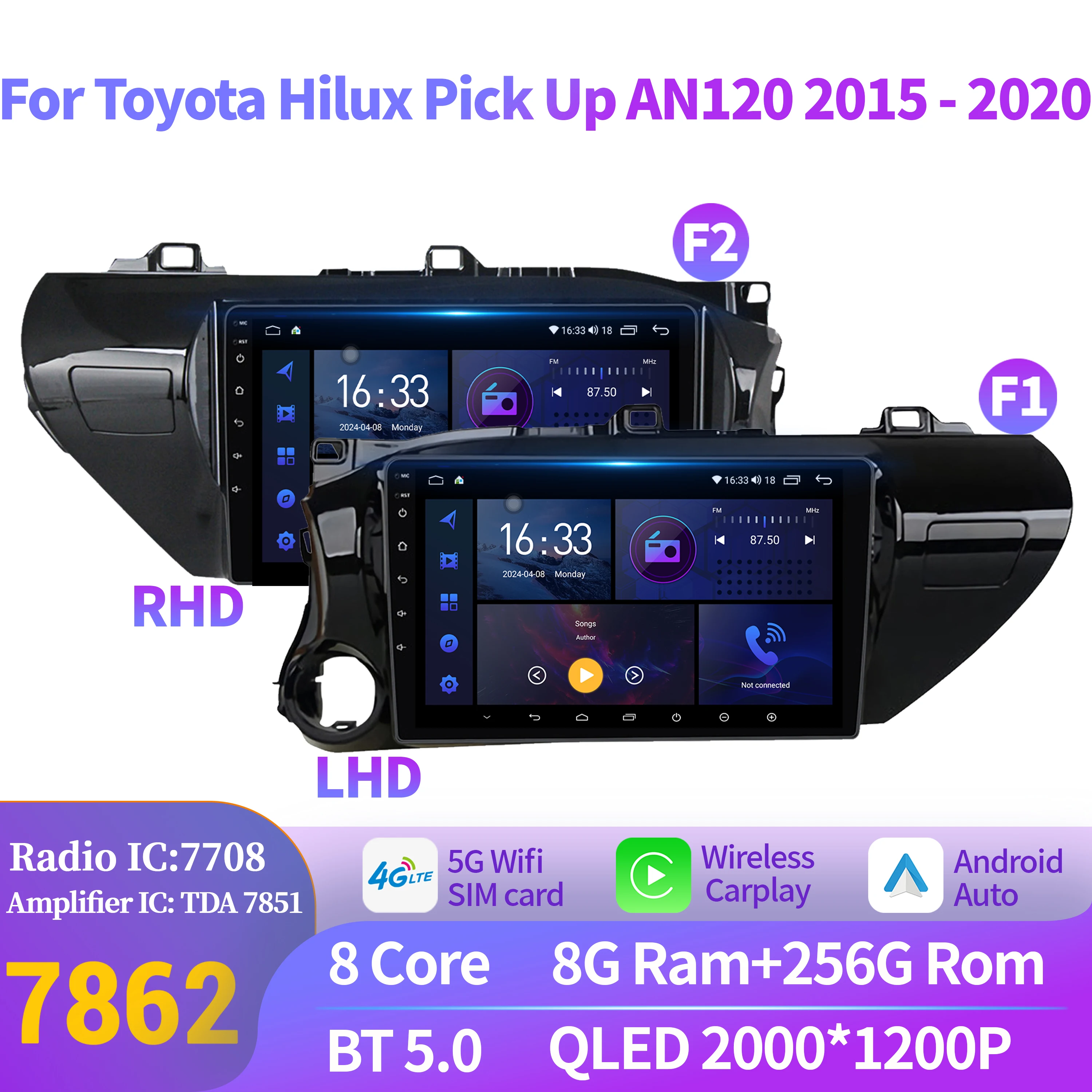 

Car Radio Android 14 For Toyota Hilux Pick Up AN120 2015-2020 Navigation Multimedia Wireless Carplay 7862 8G 256G 2K QLED Screen